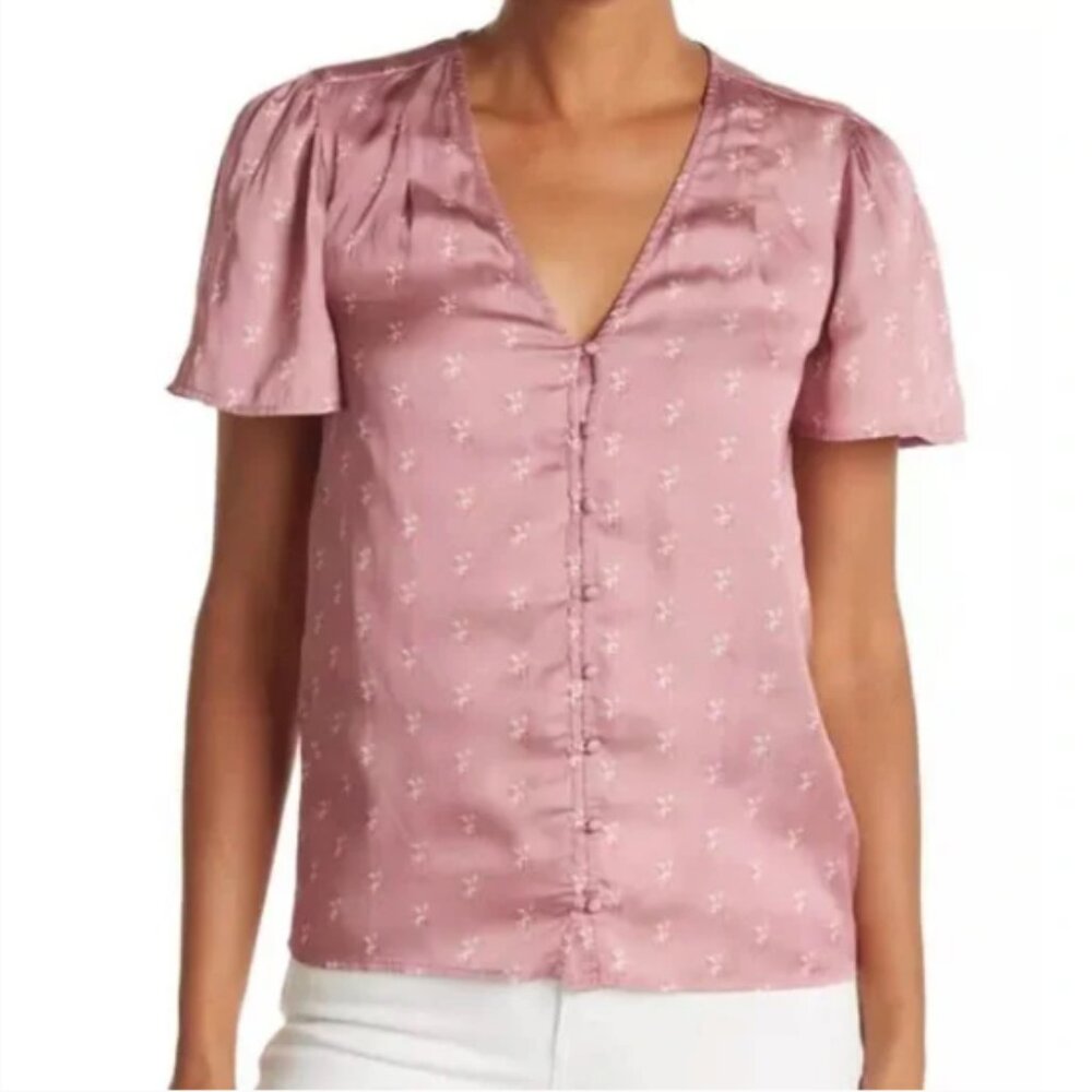 Paige Women’s Kelly Floral Flutter Sleeve Button Up Short Sleeve Top Large